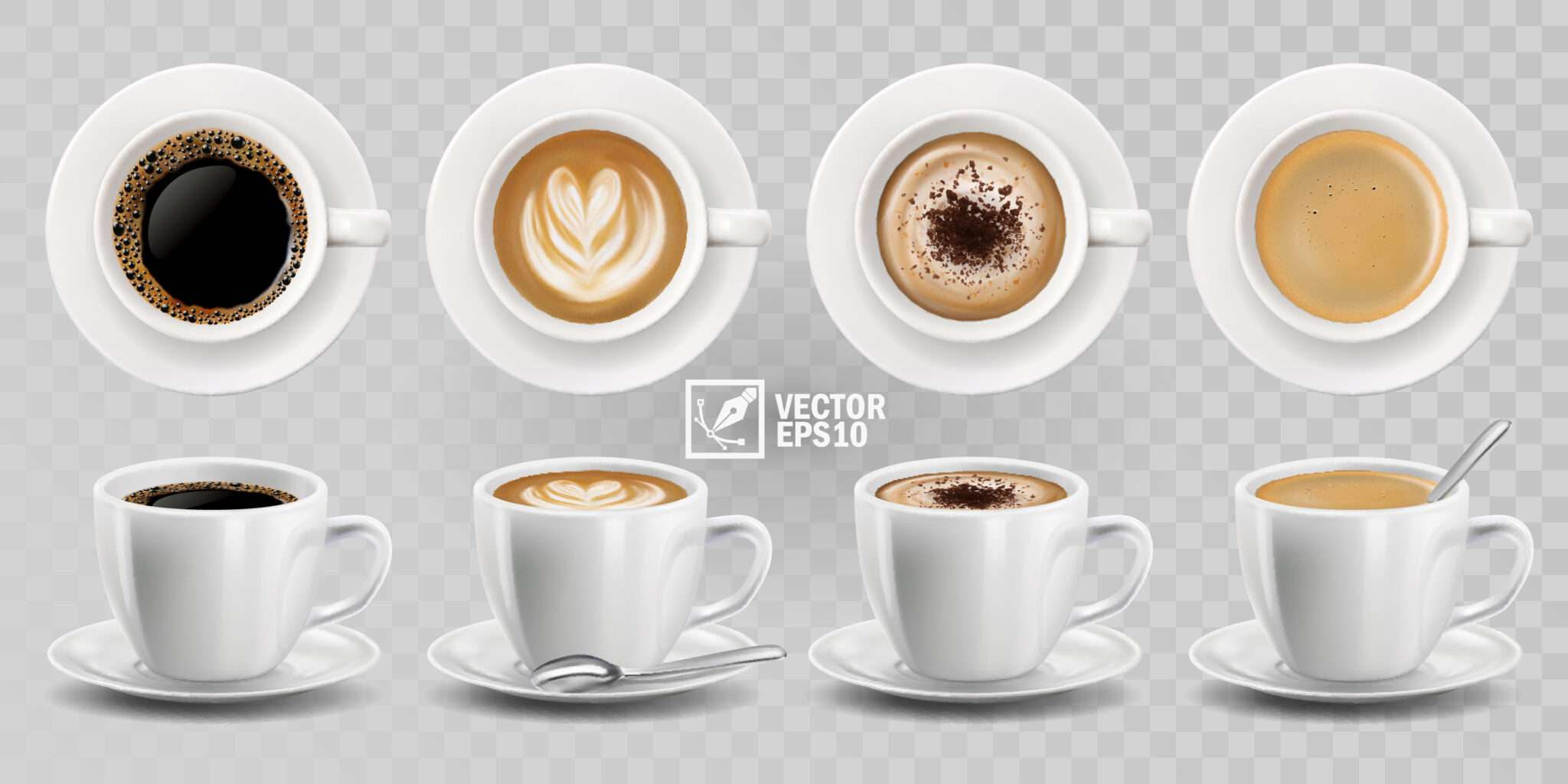 透明な背景にさまざまな種類のコーヒー。