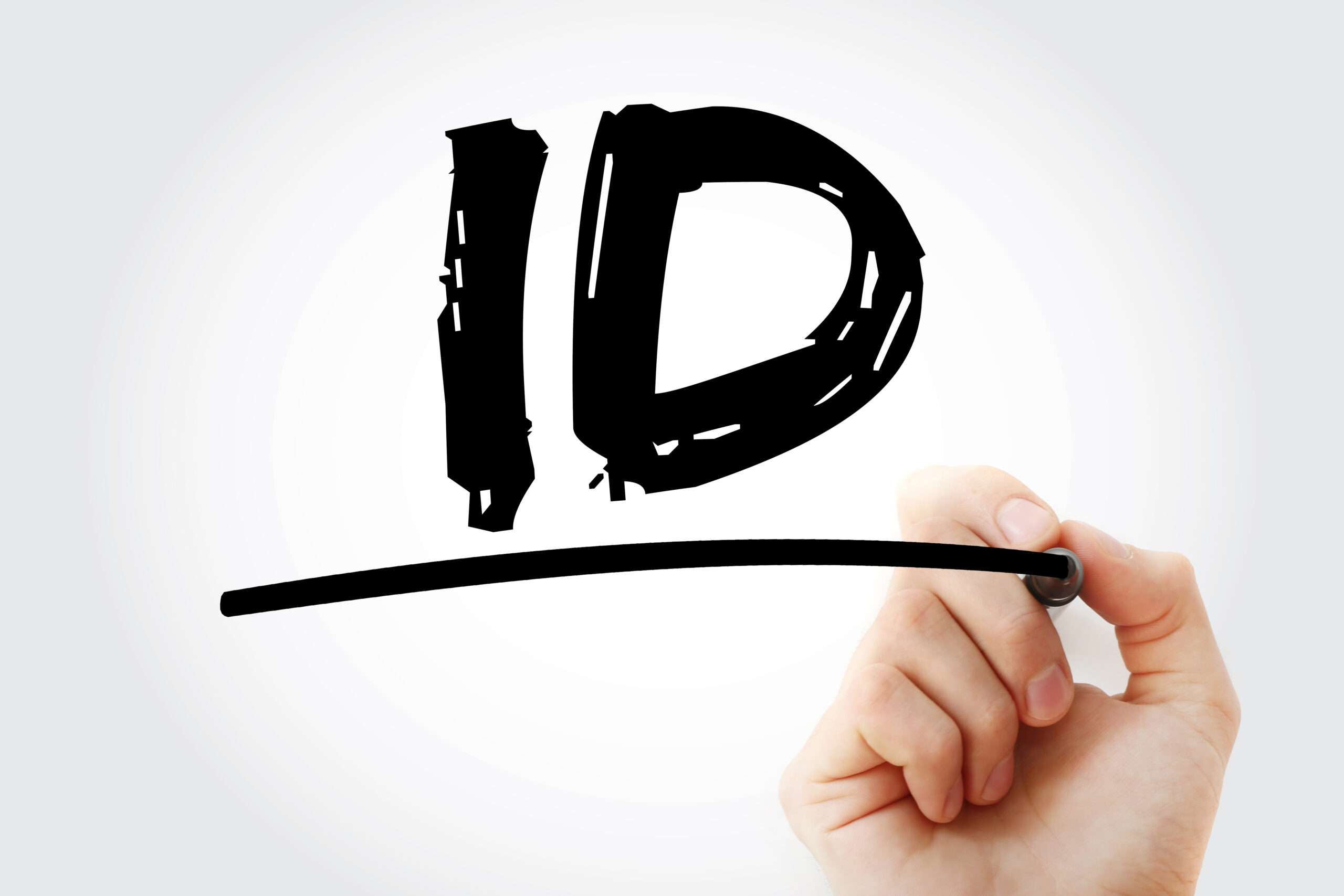 白い背景に「id」という単語を描く手。