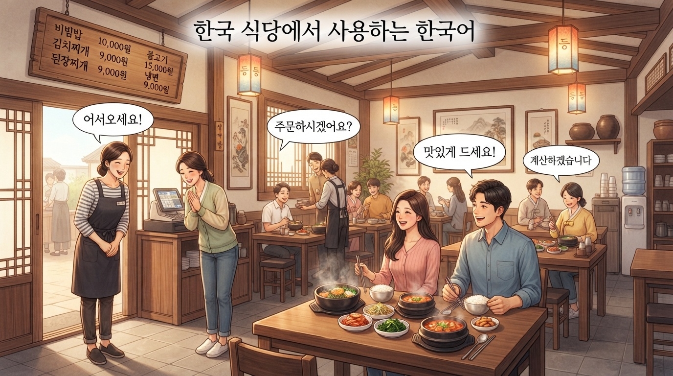 客が食事をし、スタッフが料理を運んでいる賑やかな韓国料理店（食堂）。店内で使える便利な韓国語の会話例が、人物の上にある吹き出しの中に表示されています。.