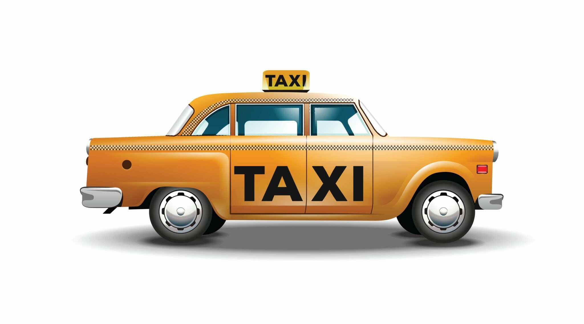 白い背景に黄色のタクシー車。