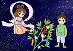 韓国から来た女の子と男の子が空を飛んでいます。