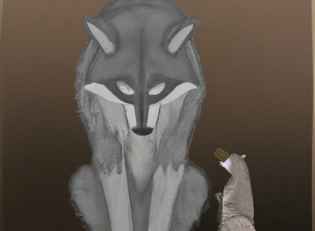 韓国文化からインスピレーションを得た、クマの隣に立つオオカミの絵。