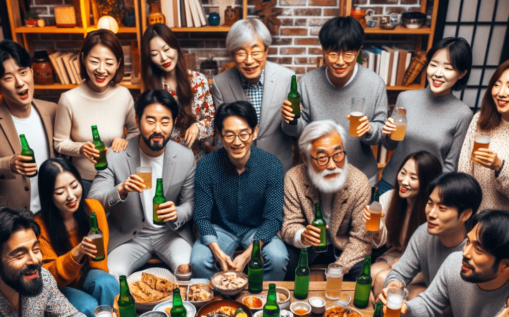 テーブルの周りに座ってビールを飲む人々のグループ。 (韓国の飲み会文化「お酒」に関する韓国