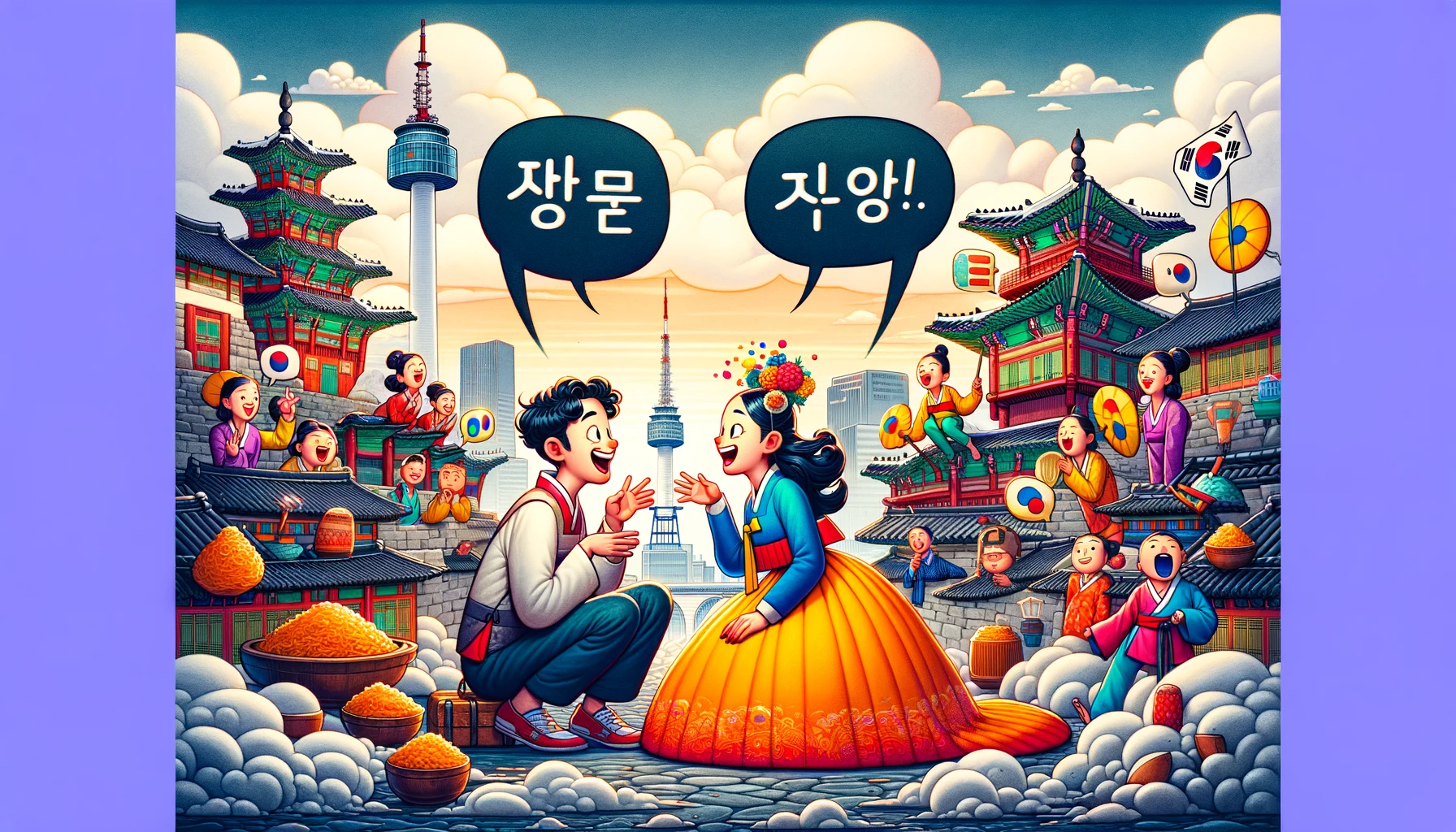 韓国の伝統衣装を着た男女が吹き出しで友好的に会話している。