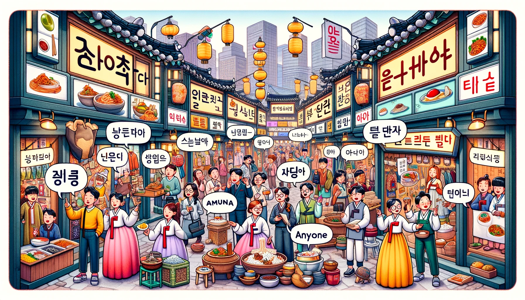 아무~(이)나で話しながら歩き回る人々がいる韓国の市場のイラスト。