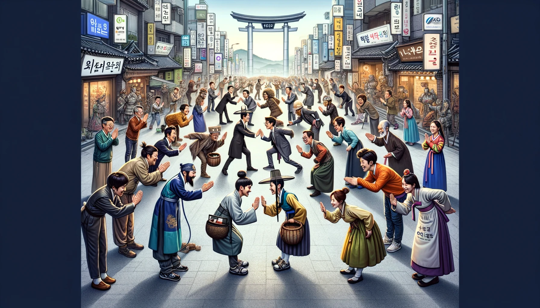都市で挨拶を交わし、韓国語「あいさ」を表現する人々の絵