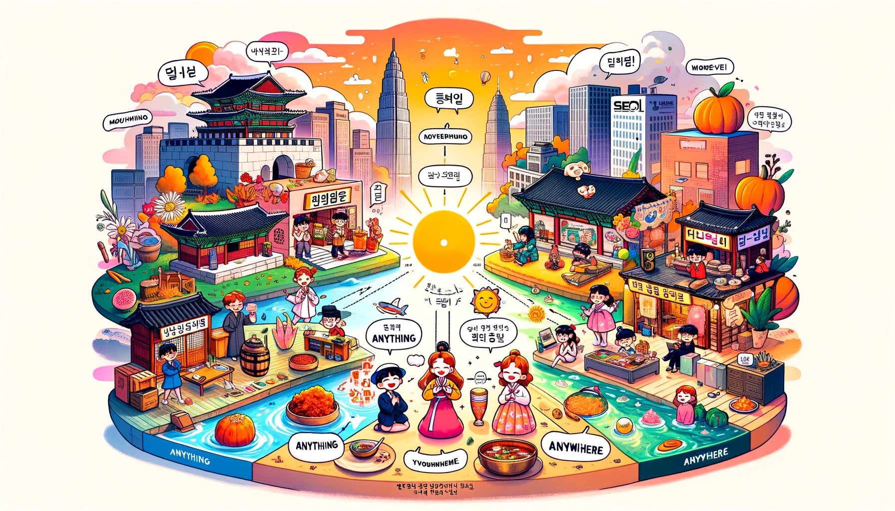 多くの人が住む都市のイラスト。韓国人の人口が多いことに代表される文化的多様性を強調し、用法を区別するための効果的な方法を示しています。