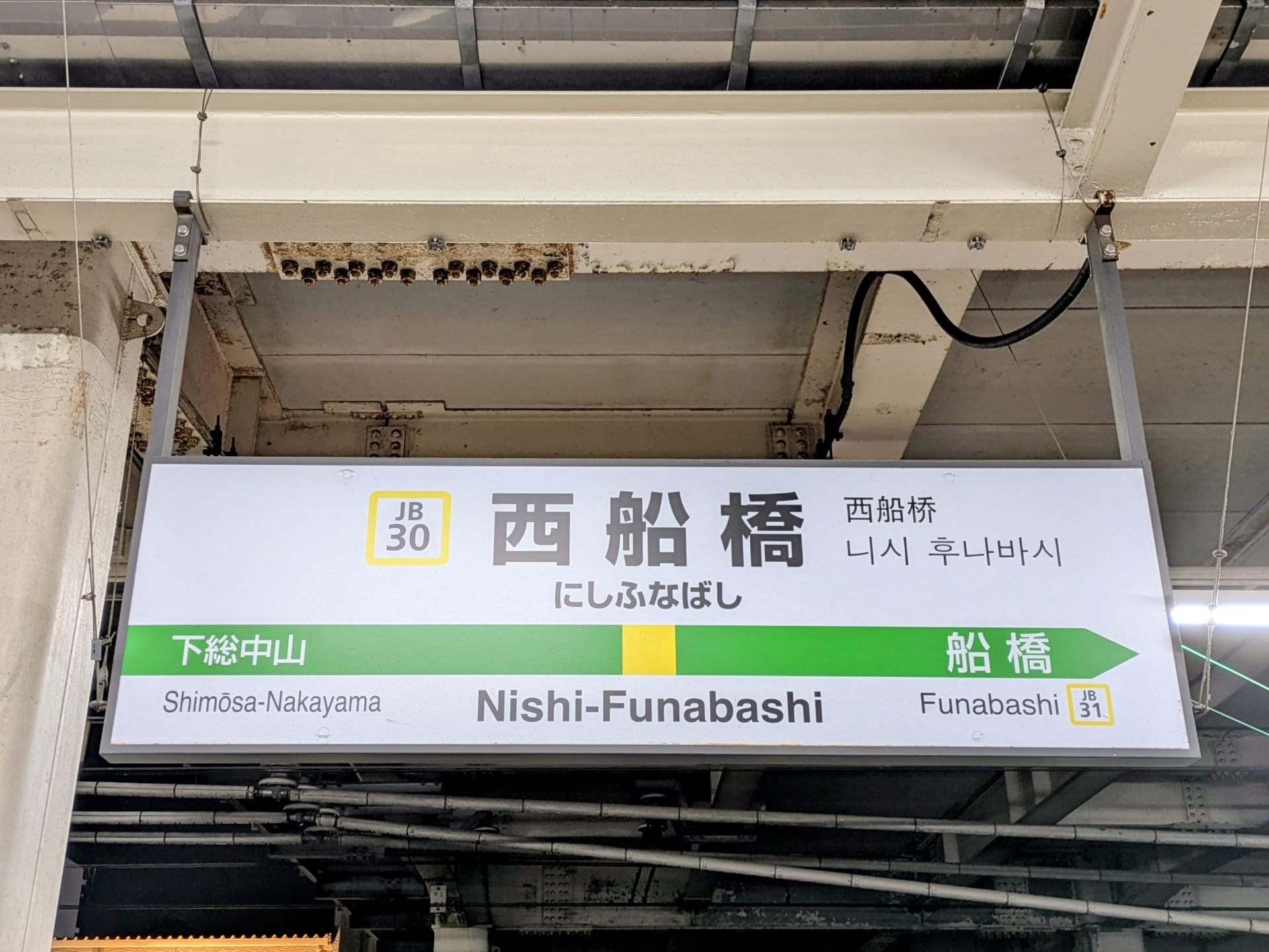 西船橋の駅標識には、日本語、英語、中国語、韓国語でホーム案内が表示されています。また、下総中山駅や船橋駅など他の駅も参考にしており、韓国語教室マンツーマンアプローチに似たバイリンガルインターフェイスを提供しています。.