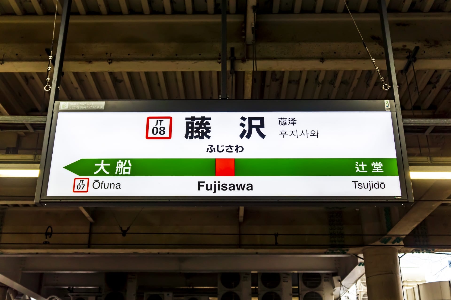 大船と辻堂への道順を示す藤沢の駅標識。韓国語教室マンツーマンの近くにあり便利です。.