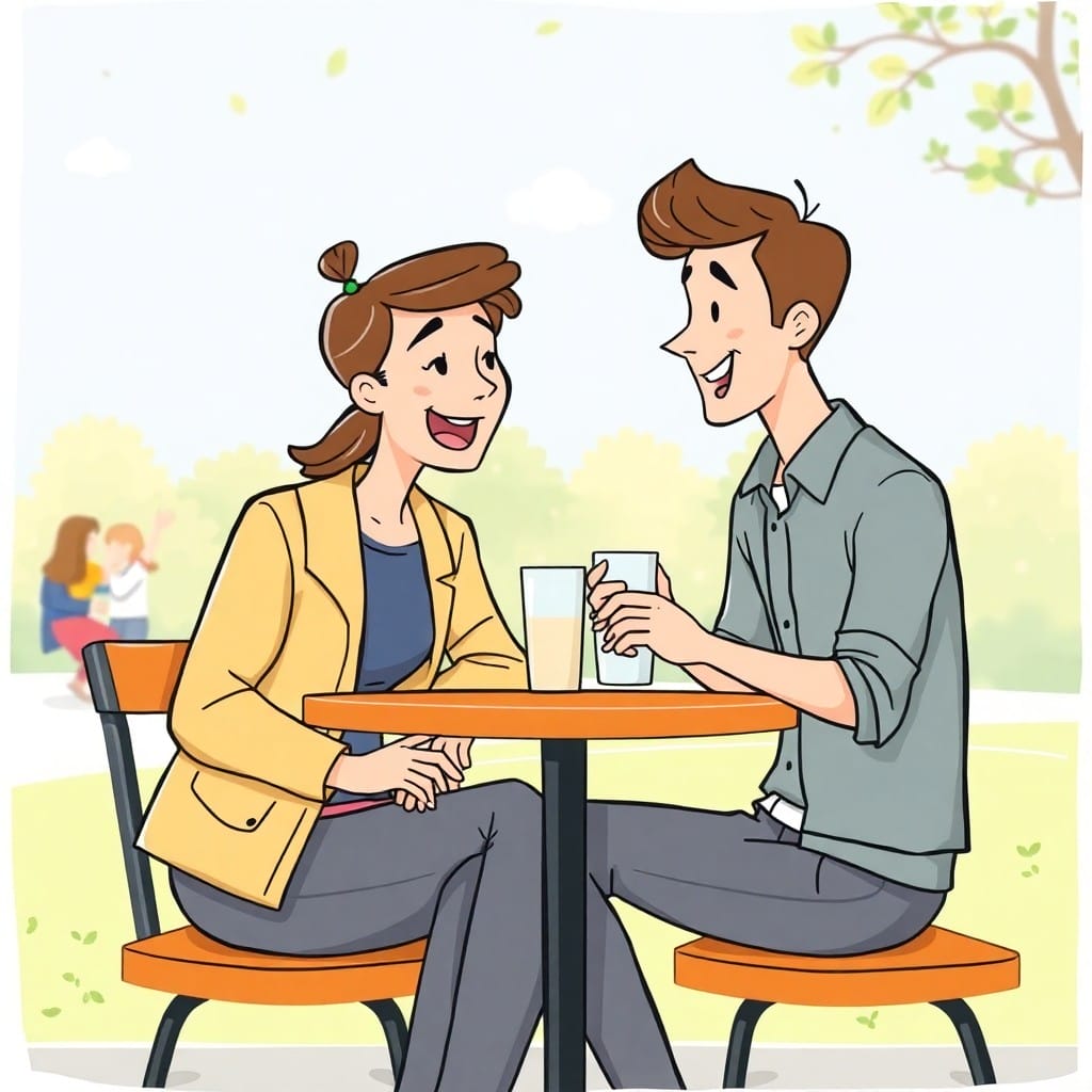 二人がカフェで楽しそうに会話しているイラスト。一人が頷きながら聞いている。