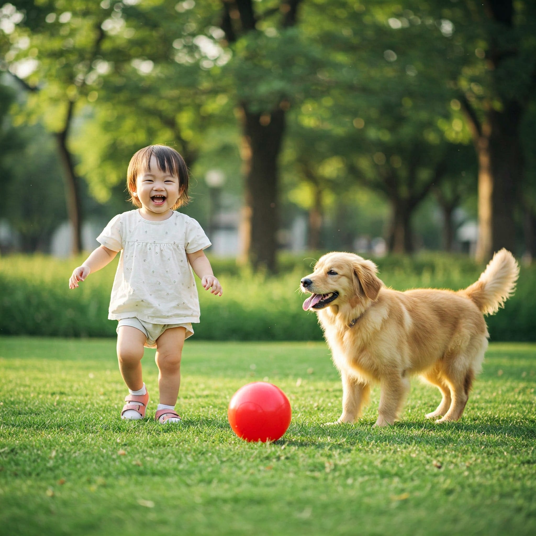 公園で遊ぶ子供やじゃれる子犬・子猫
