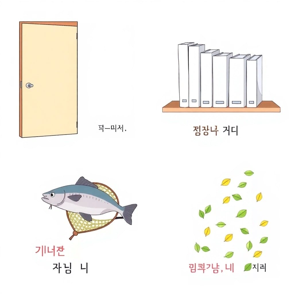 「閉まる(닫히다)」「読まれる(읽히다)」「捕まる(잡히다)」などの受動的な状況を示すイラスト