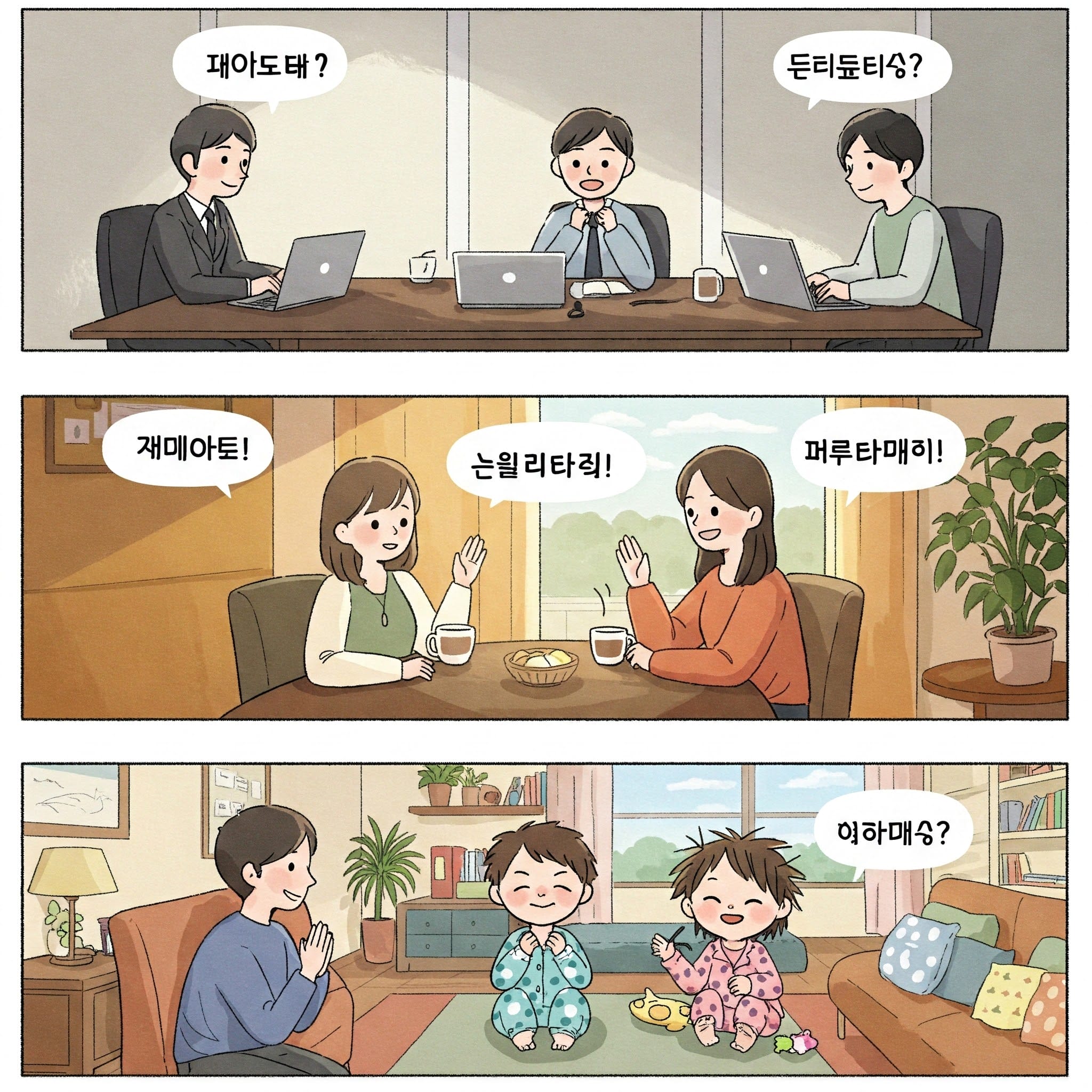 友達同士、会社、家族など、様々な状況で挨拶するイラスト