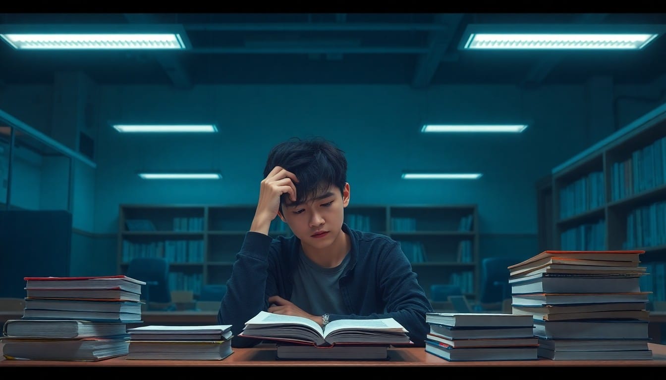 夜遅くまで勉強する疲れた様子の韓国の受験生