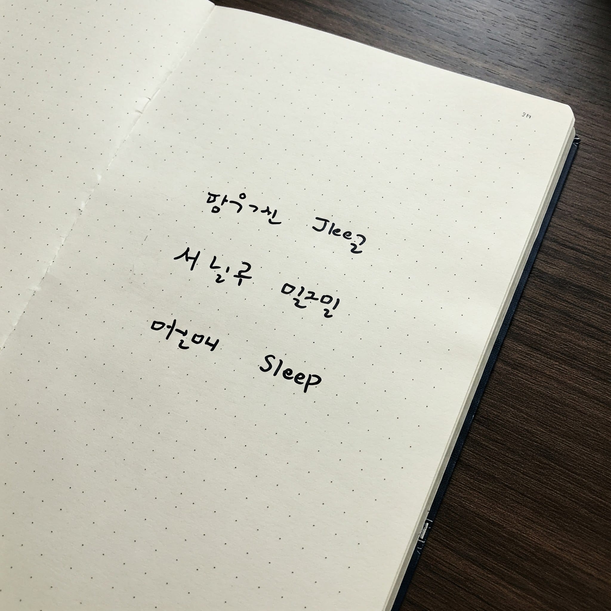 ノートに書かれた韓国語「졸리다」と「자다」