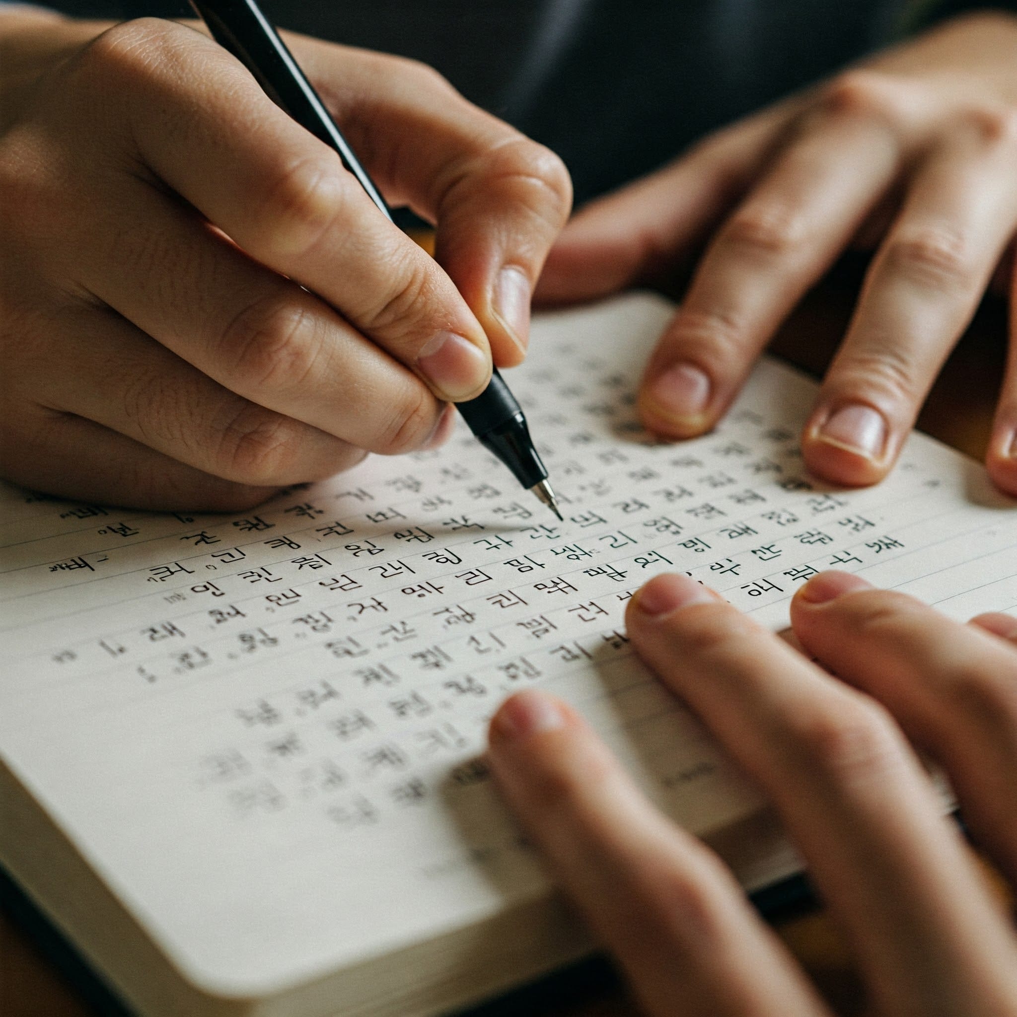 ノートにハングルの動詞を書いている手のクローズアップ
