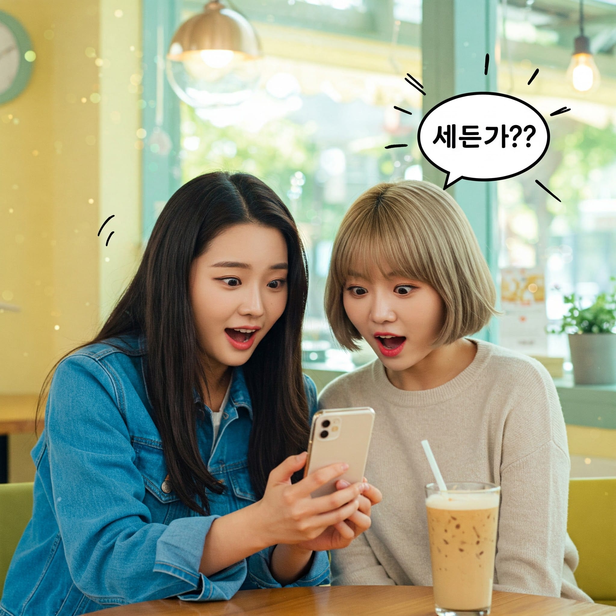 カフェでスマホを見ながら驚いた表情で「진짜?!」と話す若い女性
