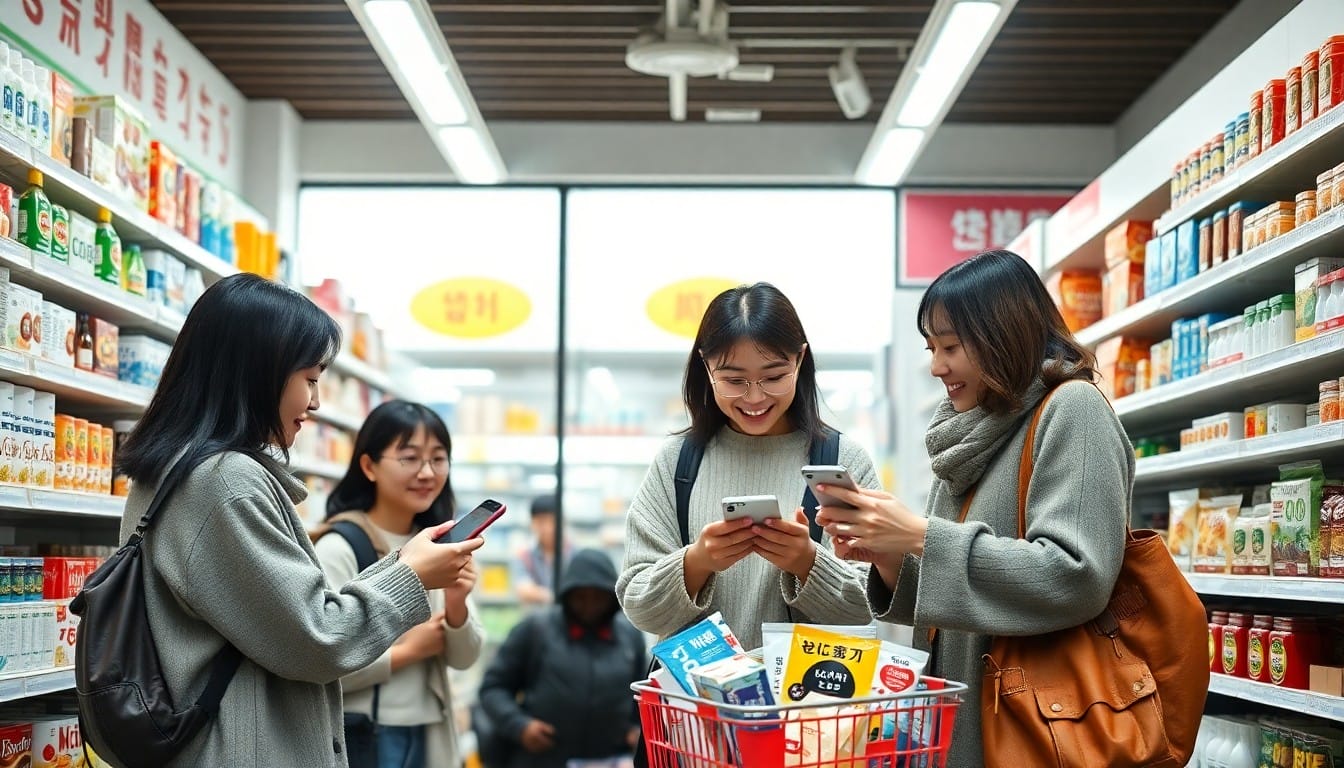 日本のドラッグストアで買い物をする韓国人観光客