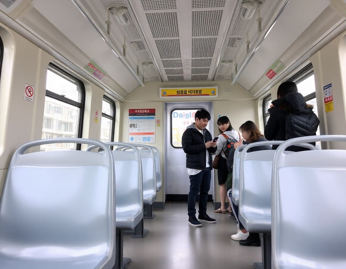 韓国の地下鉄で空いたままの優先席（老弱者席）と立っている若者