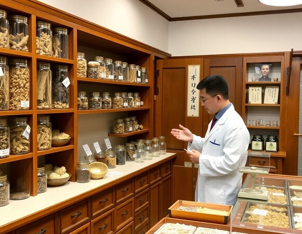 韓方薬局で薬材を調合する韓医師または韓薬剤師