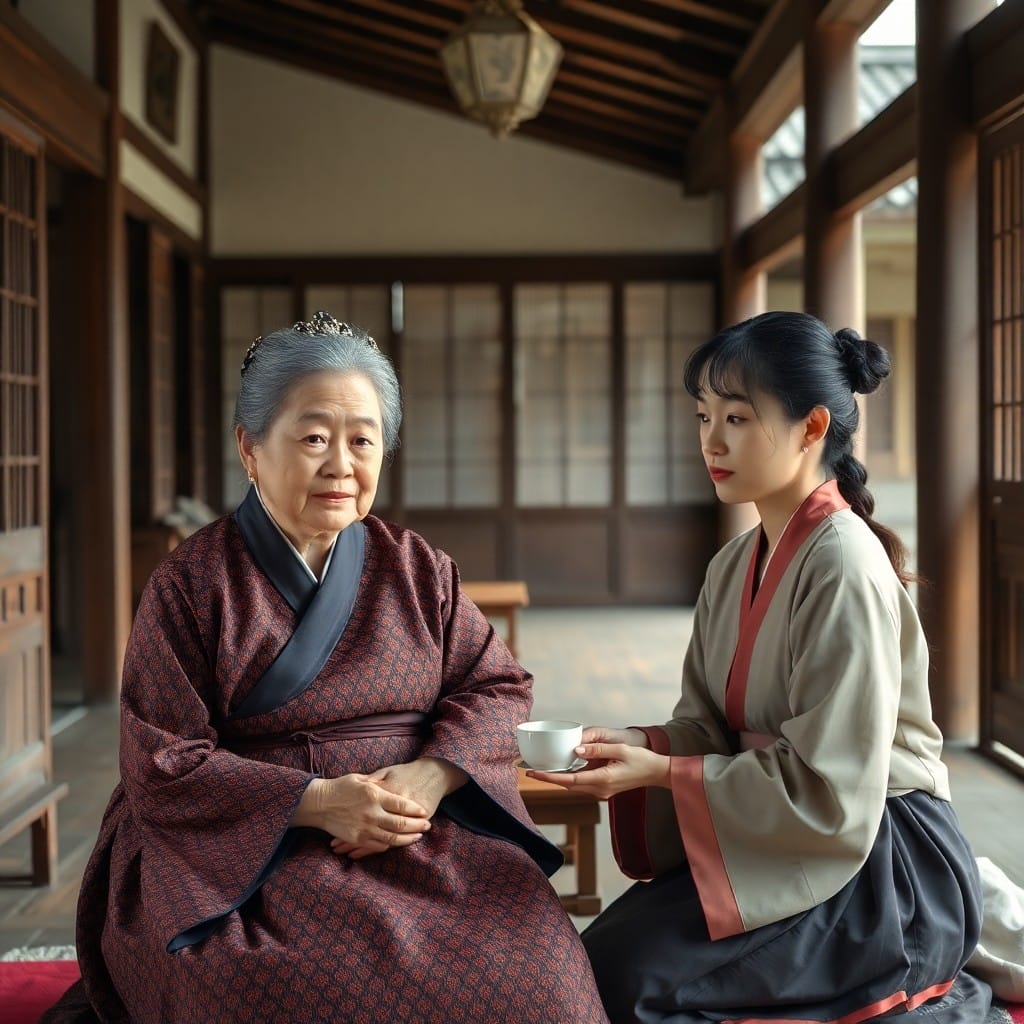 伝統的な韓屋で向き合う姑（シオモニ）と嫁（ミョヌリ）