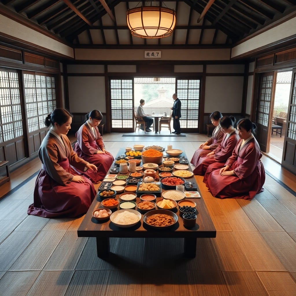 韓服を着て名節の祭祀の準備をする女性たち