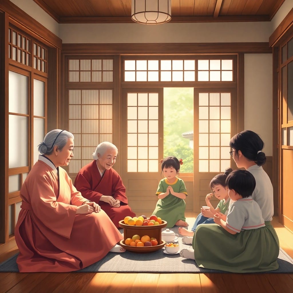 韓屋で団らんする韓国の三世代家族
