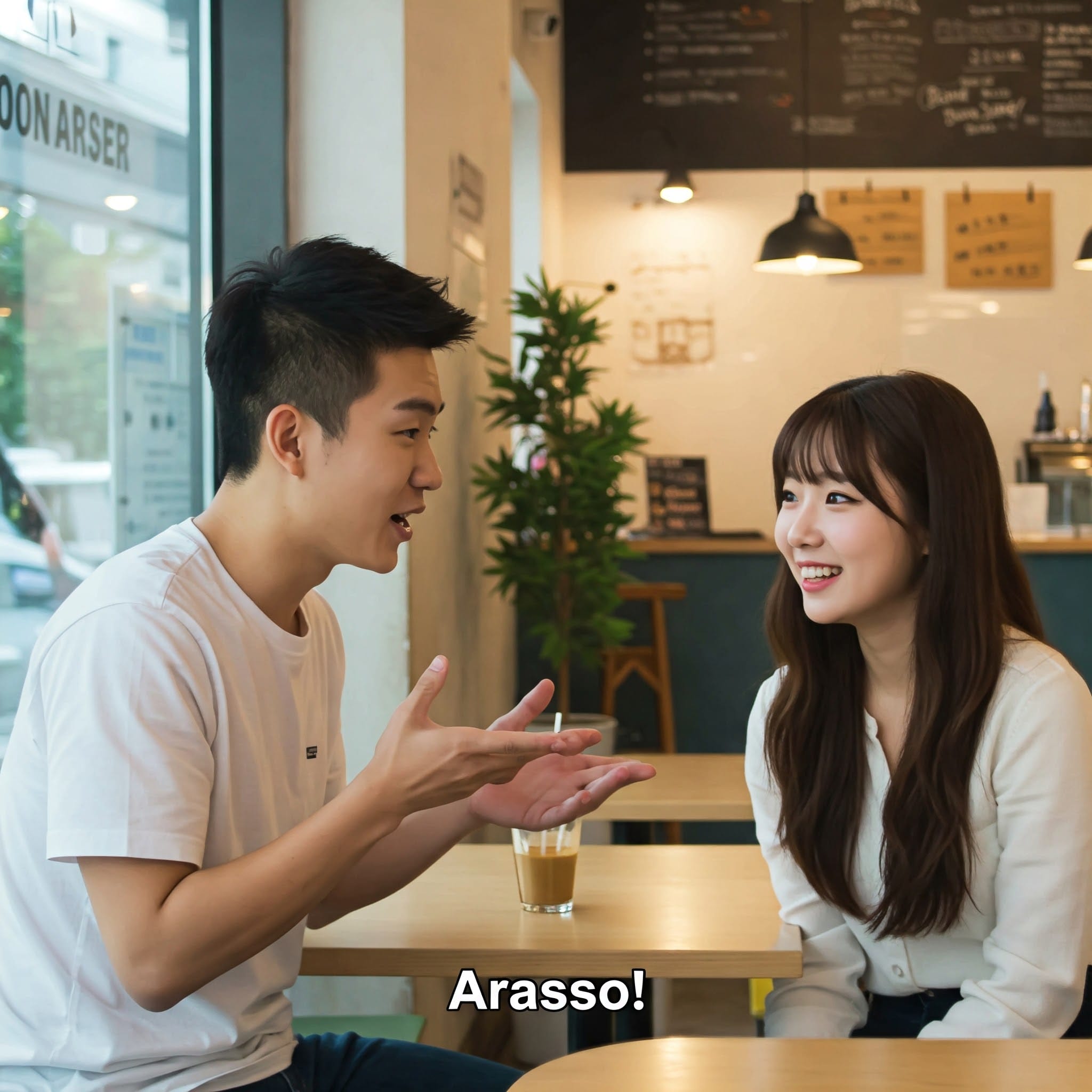 カフェで向かい合って話す二人の若い韓国人。一人が何かを説明し、もう一人が笑顔で「アラッソ！」というように頷いている瞬間。親しみやすい雰囲気。
