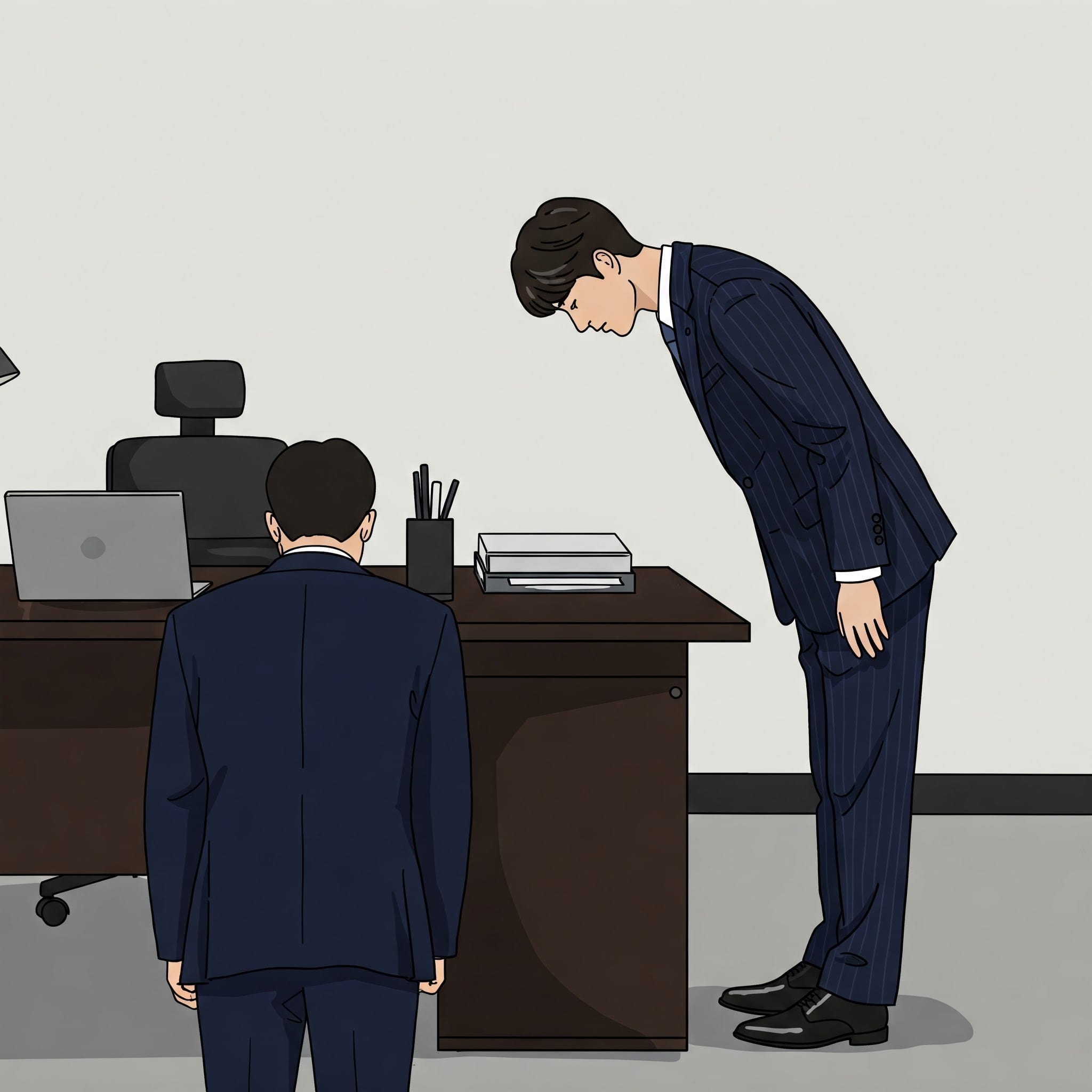 ビジネスシーンで丁寧にお辞儀をして挨拶するイラスト