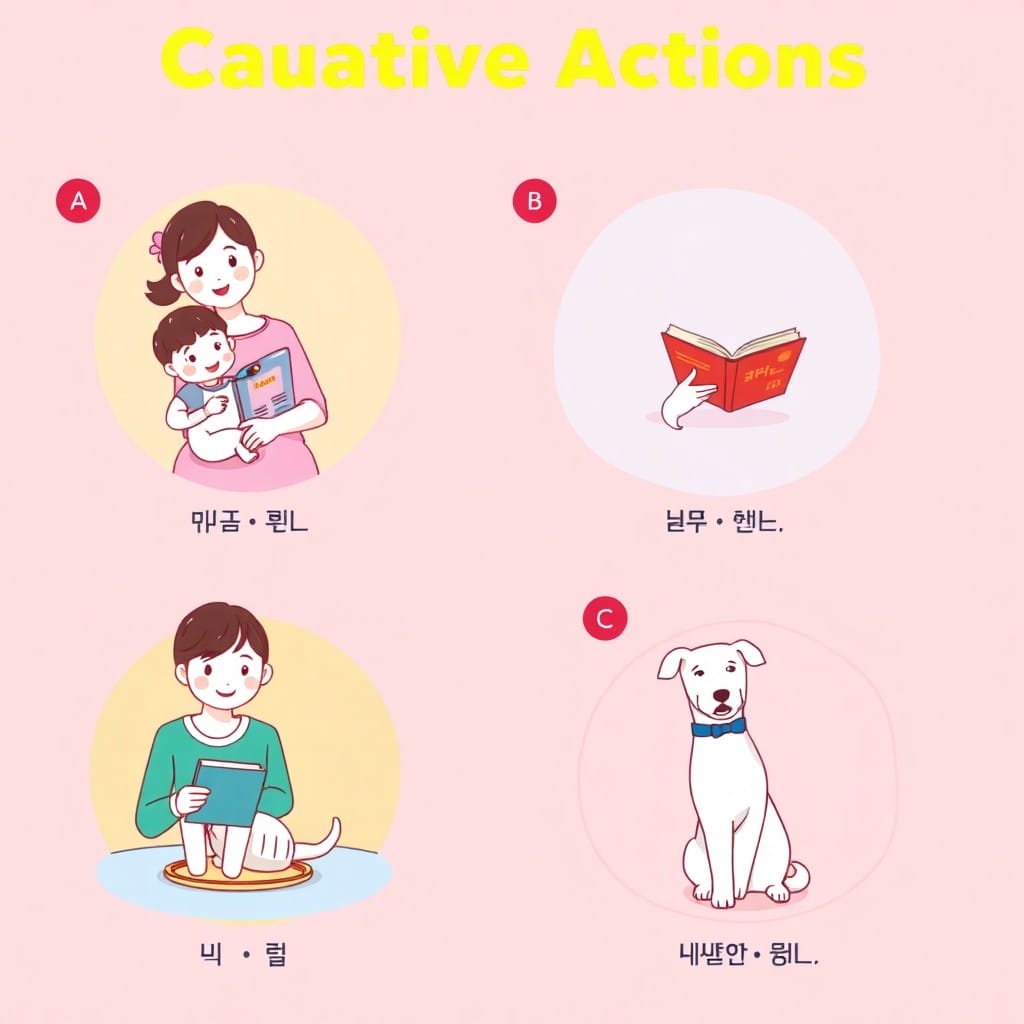 「食べさせる」「読ませる」「座らせる」など使役の状況を示すイラスト