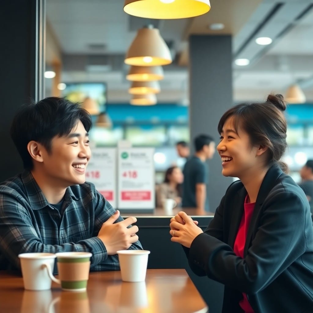 カフェで楽しそうに会話する韓国人男性と日本人女性