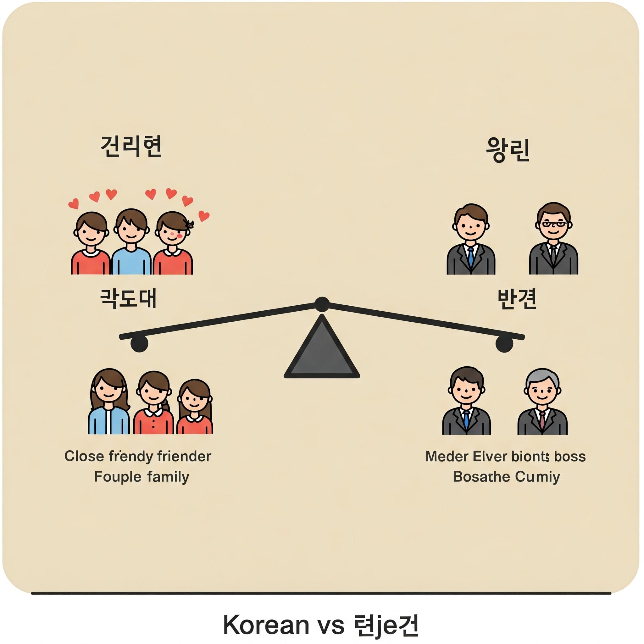 シーソーで「나」と「저」の使い分けを示す図解。友人側が「나」、上司側が「저」。