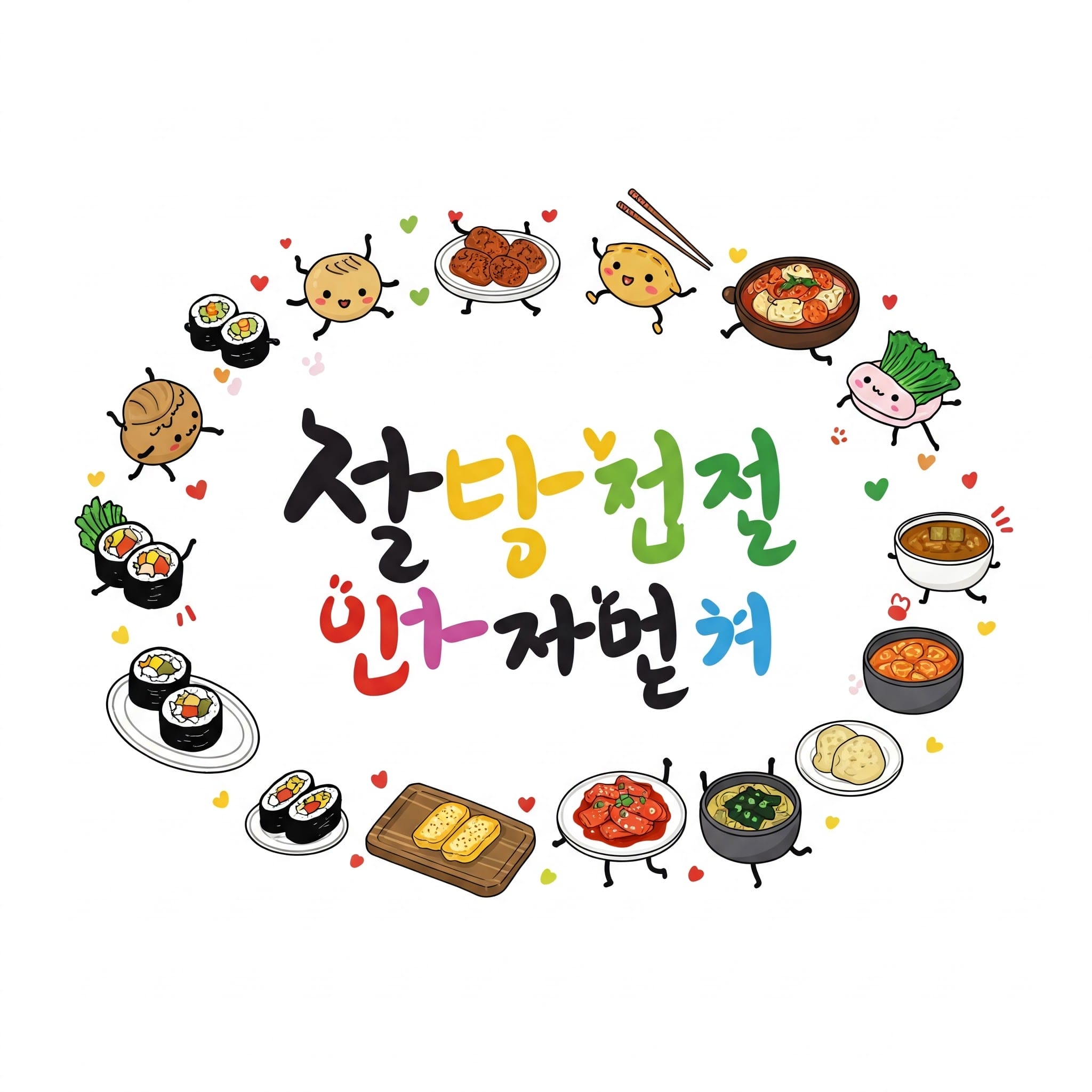 かわいい漫画の韓国料理と笑顔の食材が、カラフルな韓国語の文字の周りに円を描いて配置され、画像全体に小さなハートが散りばめられています。.