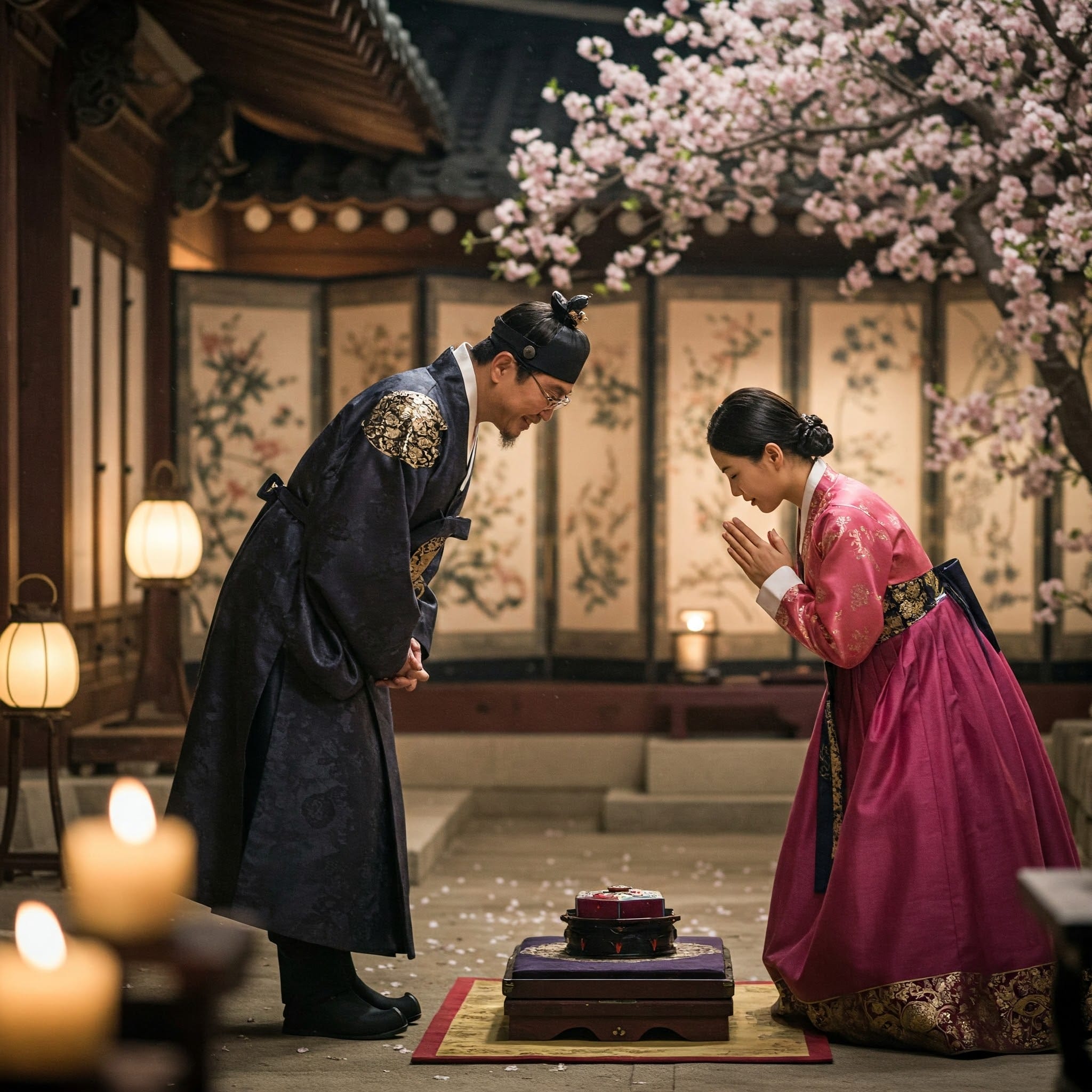 フォーマルな服装の年上の人物と年下の人物が、韓国式に丁寧にお辞儀をしながら感謝を伝え合っているシーン