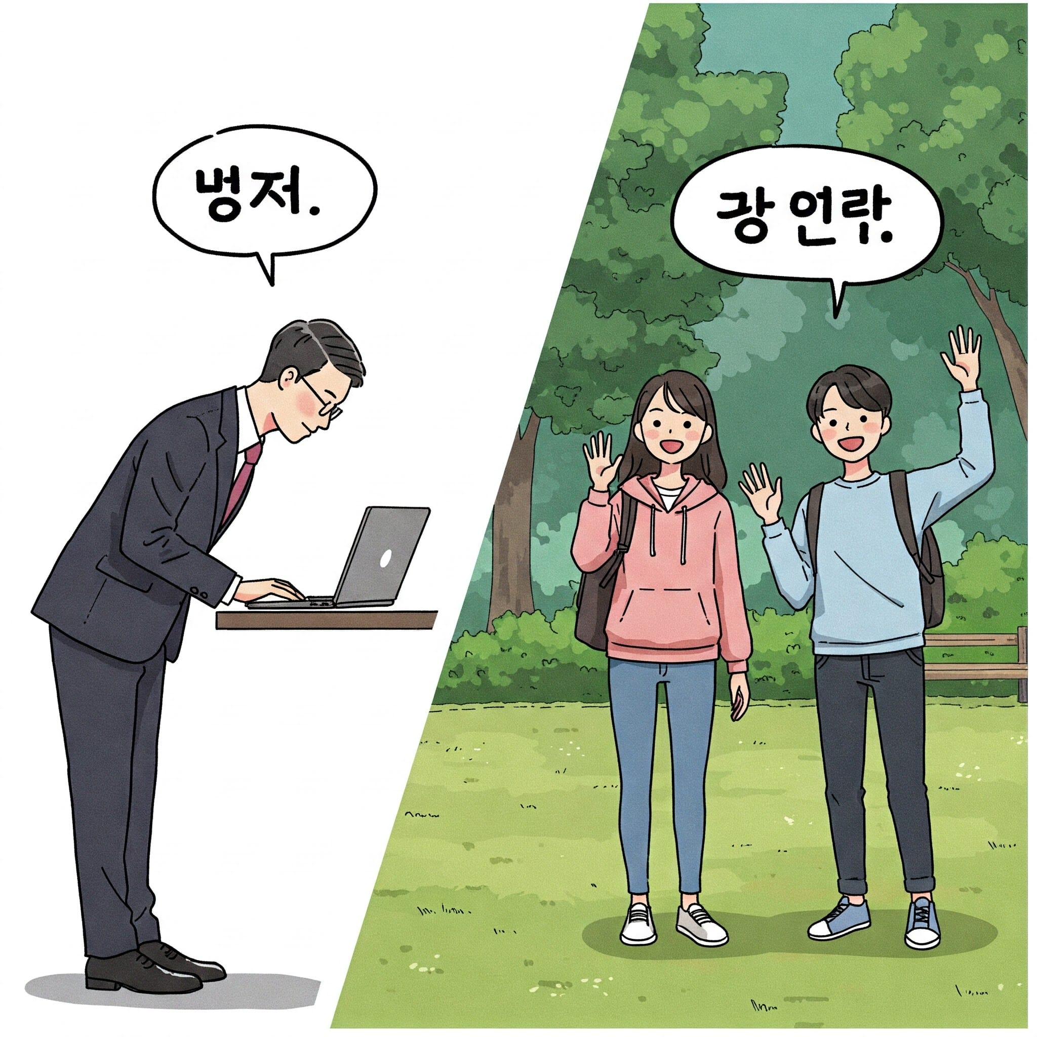丁寧にお辞儀をする人とカジュアルに手を振る人の挨拶イラスト