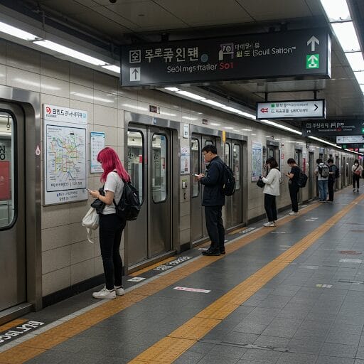 ソウルの地下鉄駅ホームと案内表示