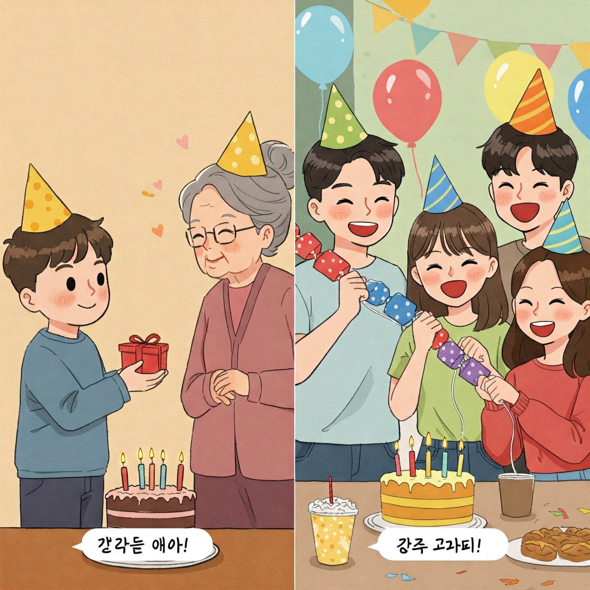 丁寧語で祖母の誕生日を祝う孫と、タメ口で友人の誕生日を祝う若者のイラスト