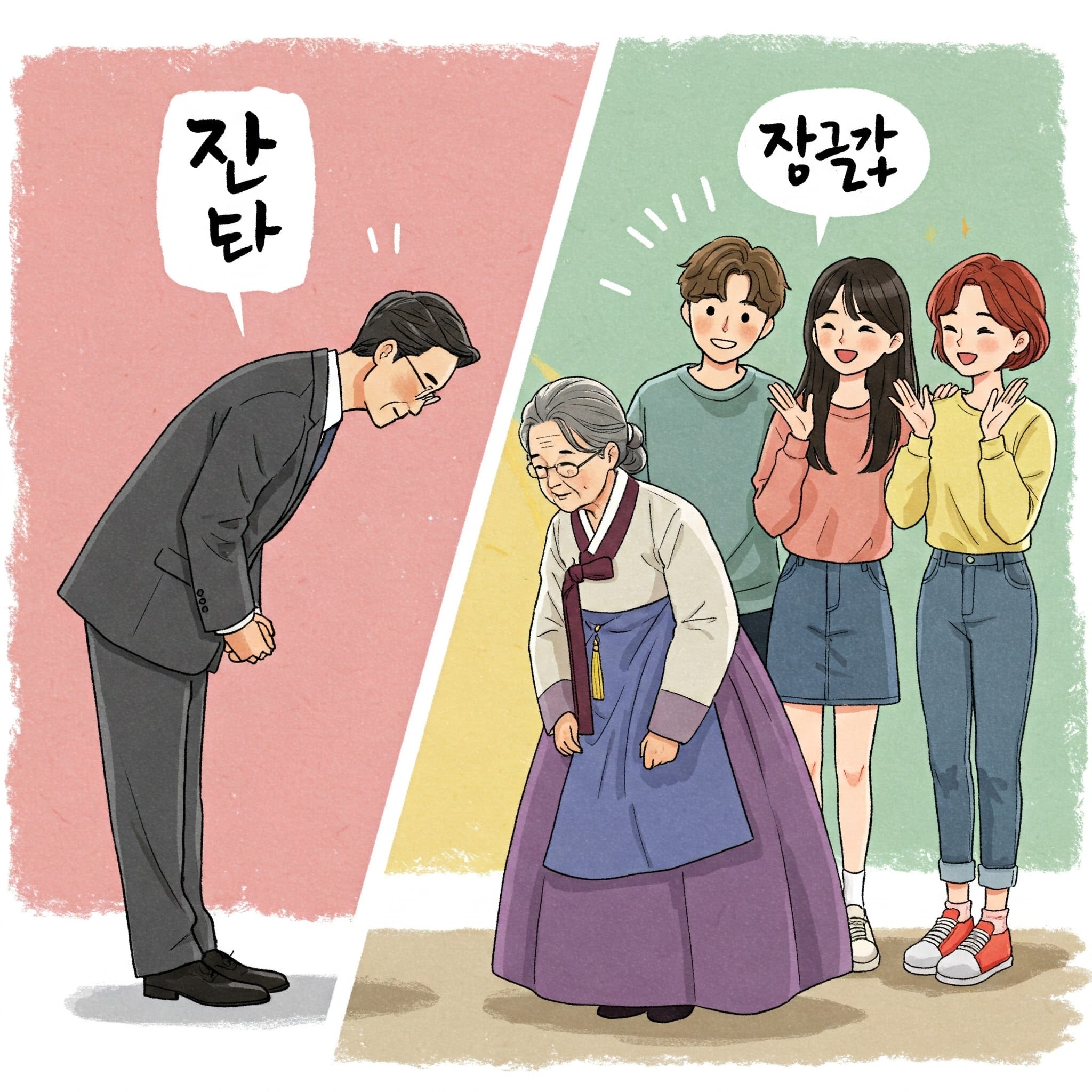 丁寧にお辞儀する人とカジュアルに会釈する人の比較イラスト