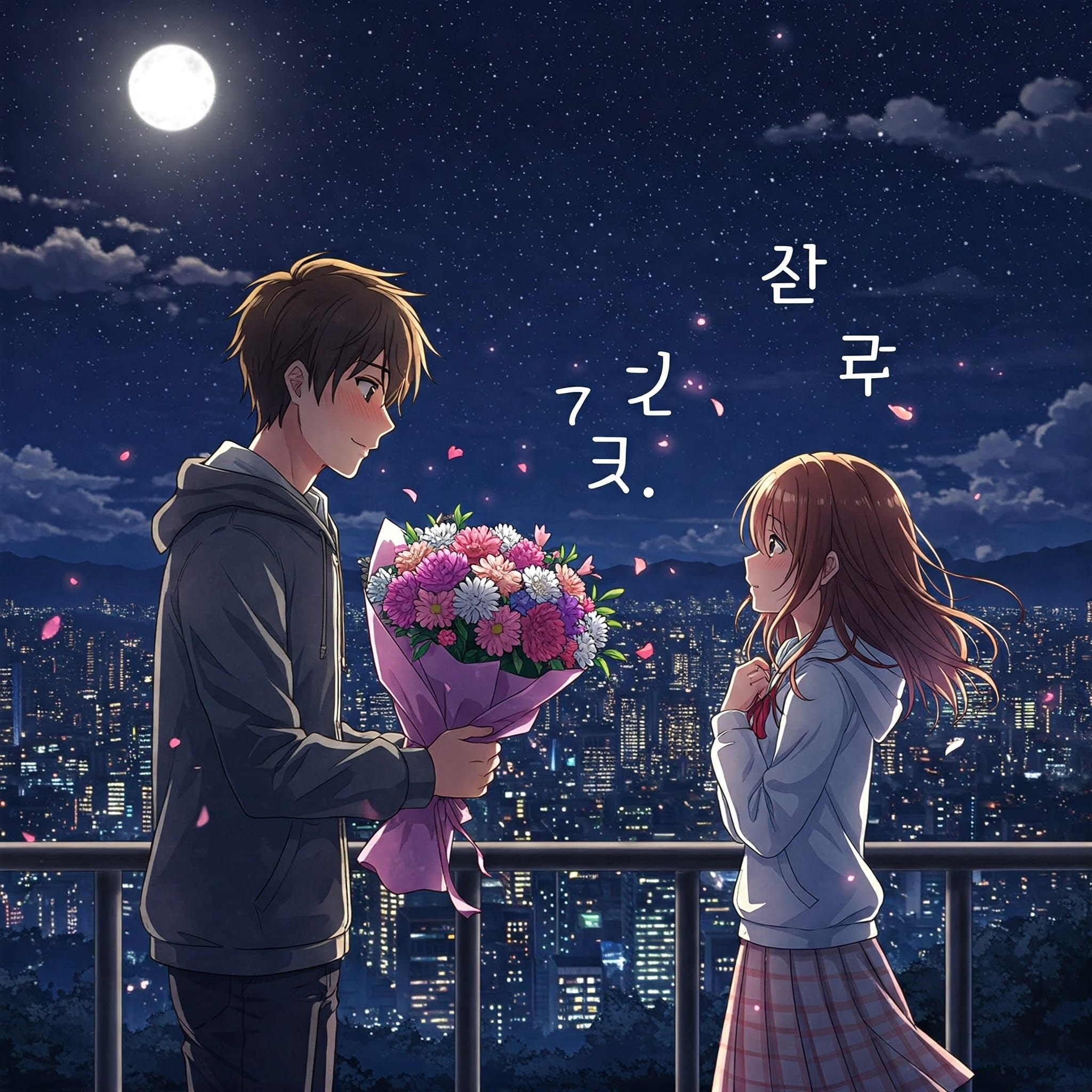夜景の見える場所で告白するシーンのイラスト