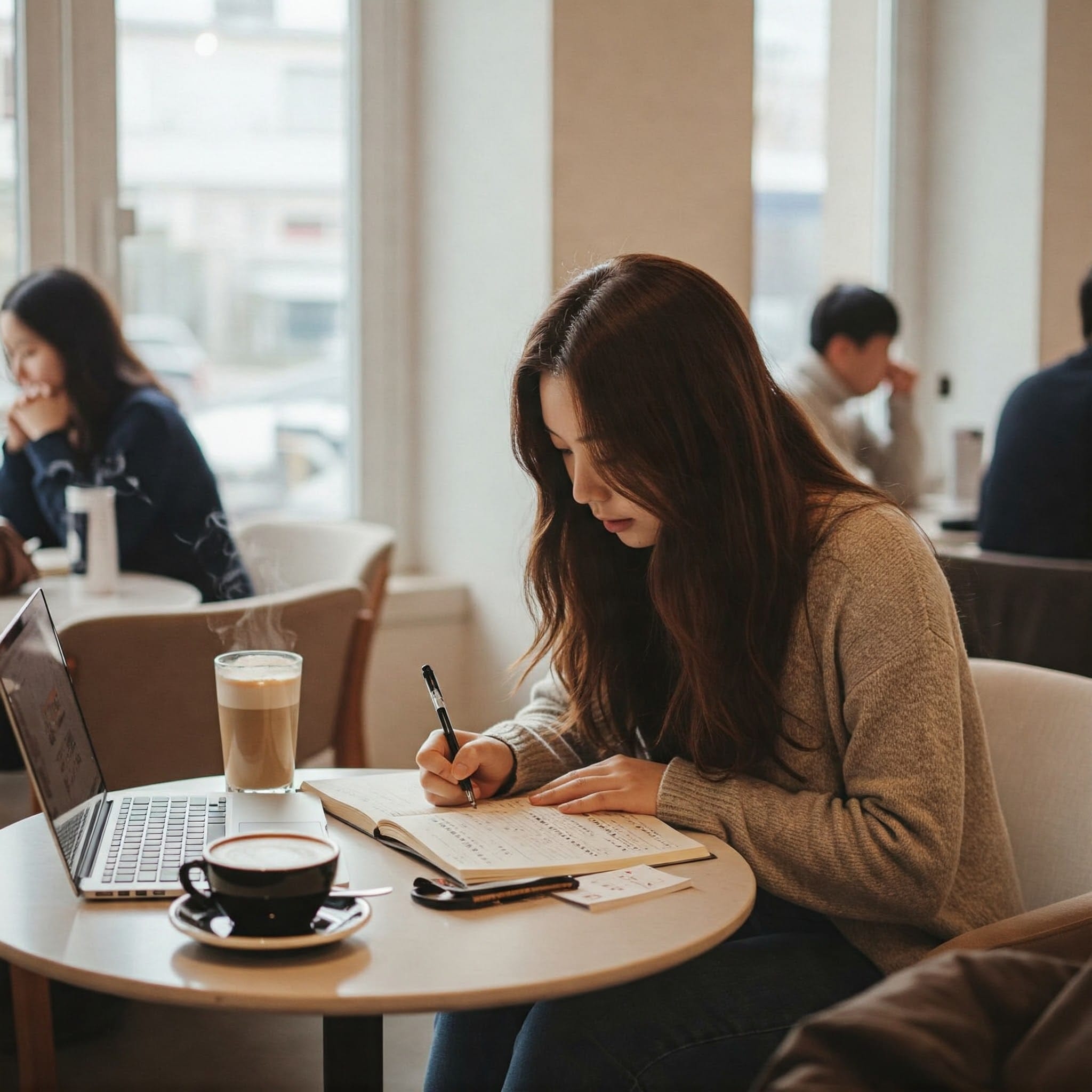 カフェで韓国語単語を勉強する女性