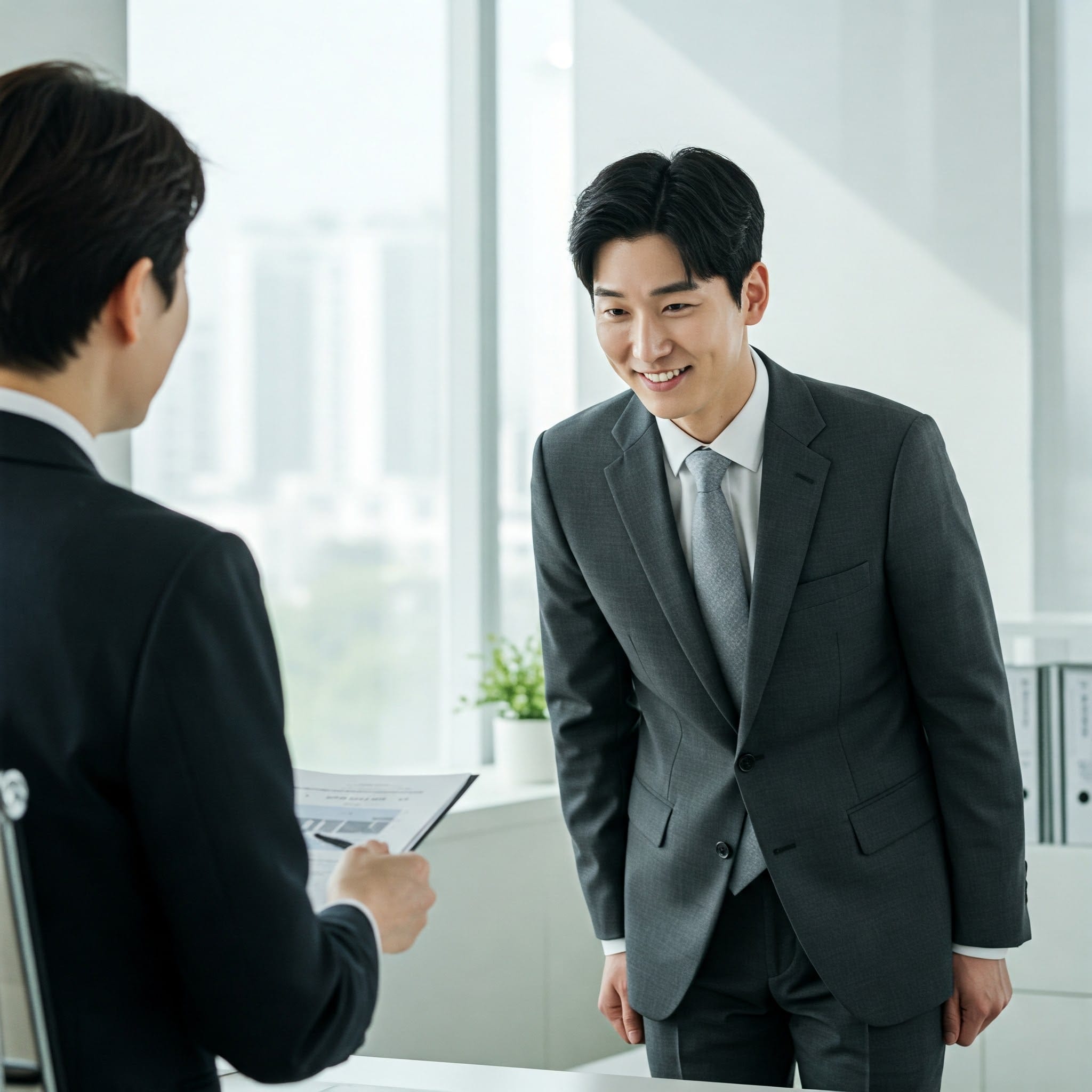 オフィスで上司にお礼を言われ、丁寧に会釈しながら「아니에요」と答える若手社員