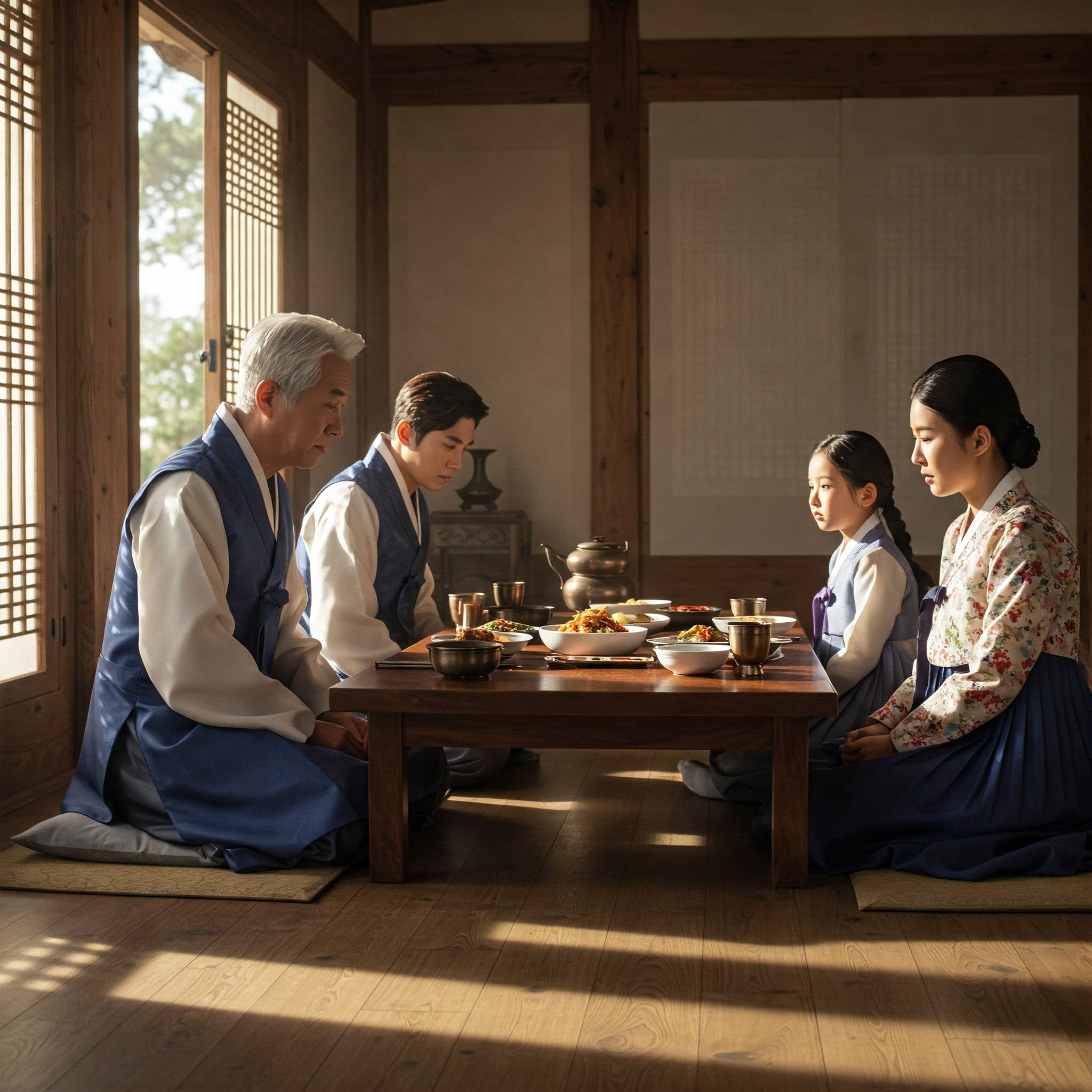 太陽の光が差し込む木造の部屋の中で、韓国の伝統衣装を着た4人が、食べ物が置かれた低いテーブルの周りに座布団に座っています。.