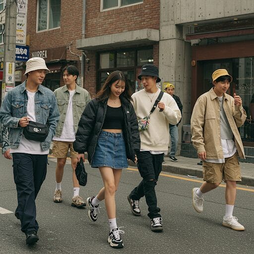 最新トレンドのファッションで街を歩く韓国の若者たち
