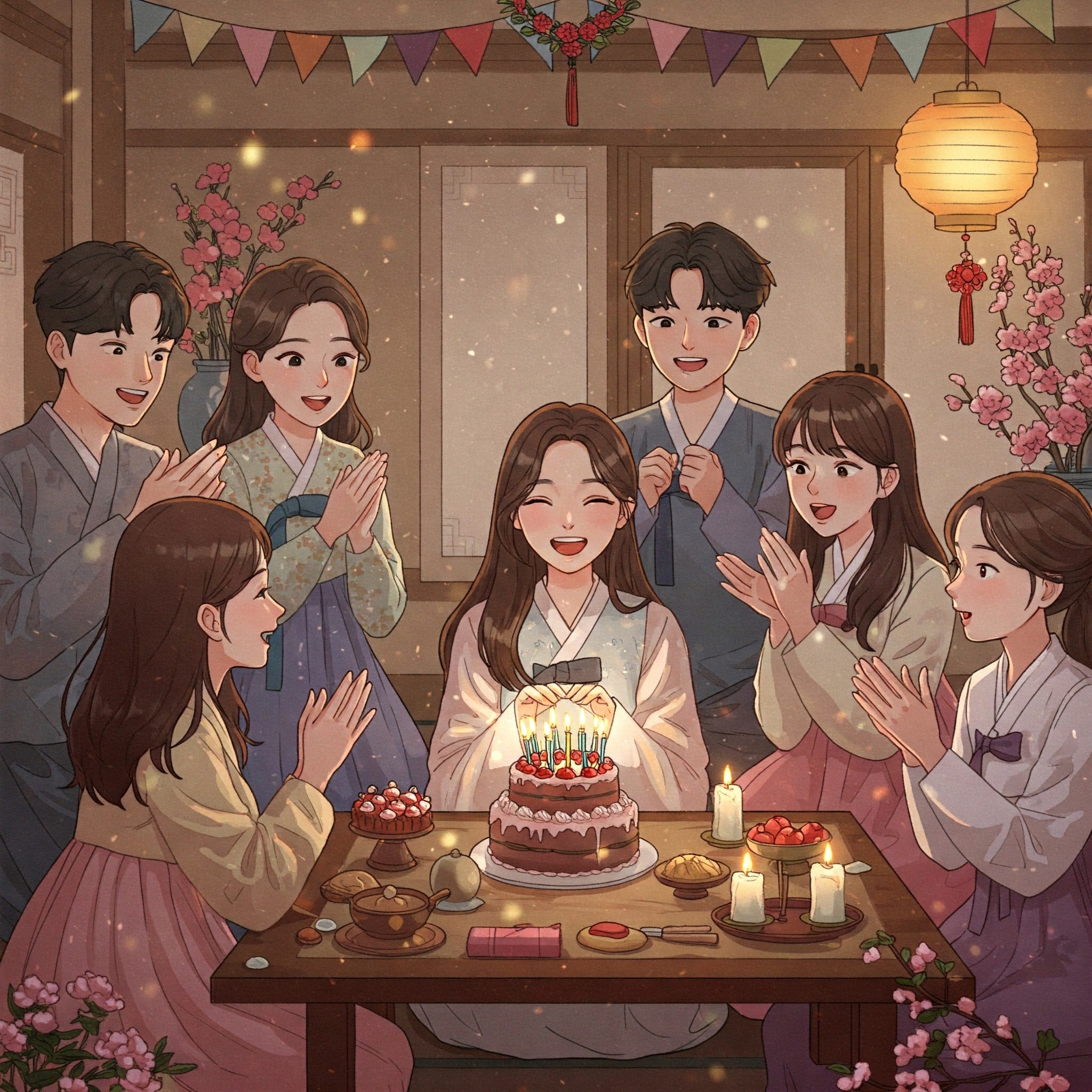 韓国で友人が誕生日を祝う心温まるシーンのイラスト。ケーキのろうそくを吹き消す人を友人たちが囲んでいる。