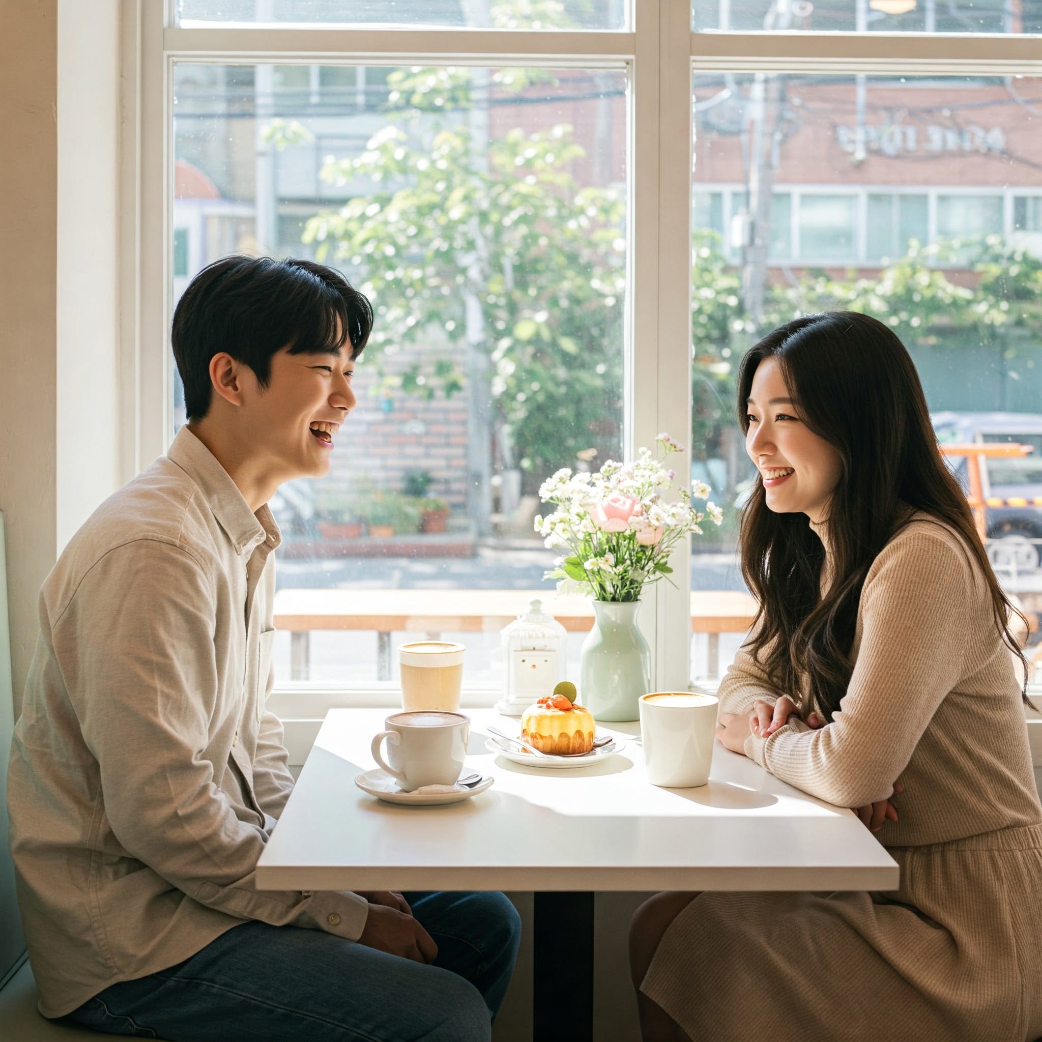 おしゃれな韓国のカフェで楽しそうに話す若い男女