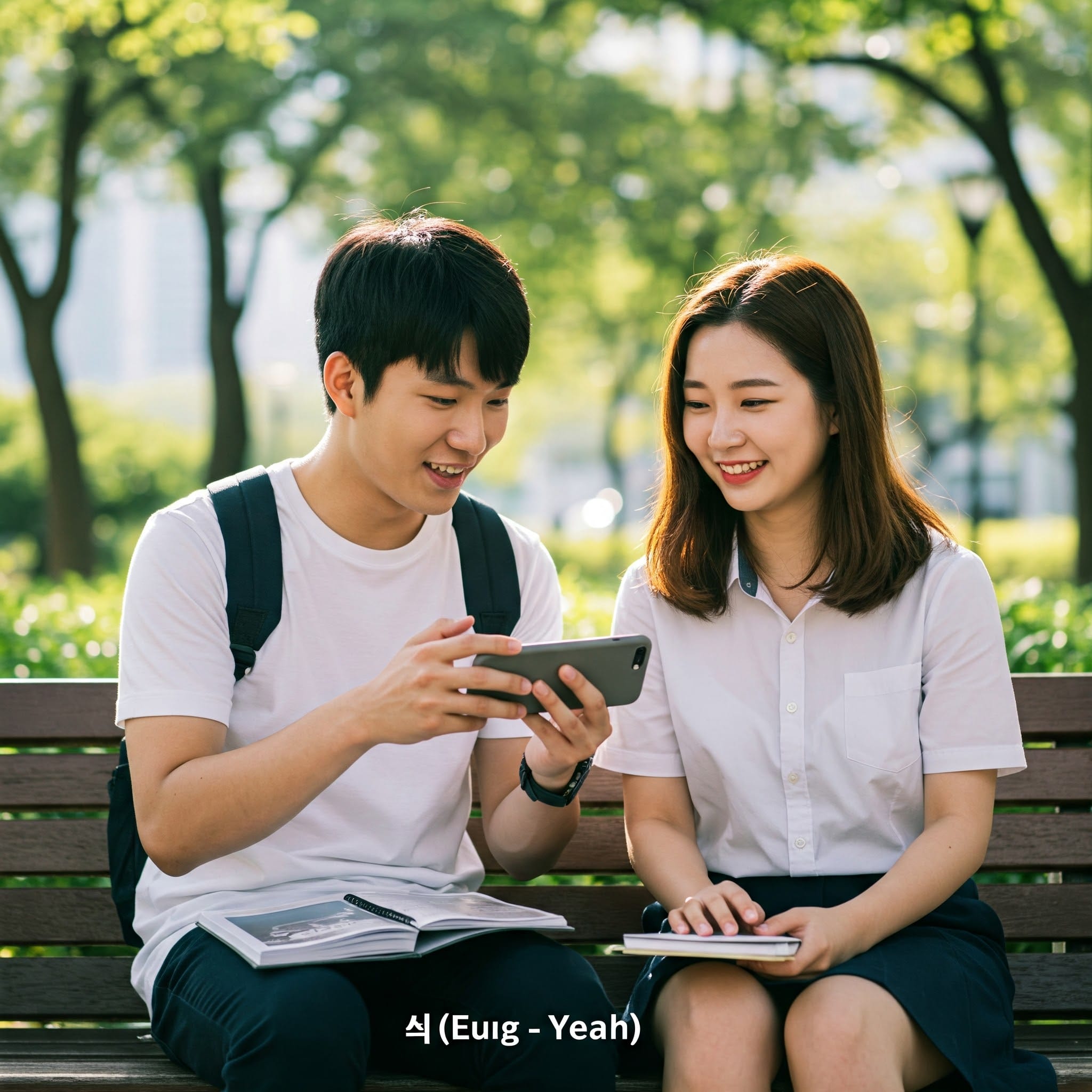公園のベンチでスマホを見ながら話す友人同士（男女）