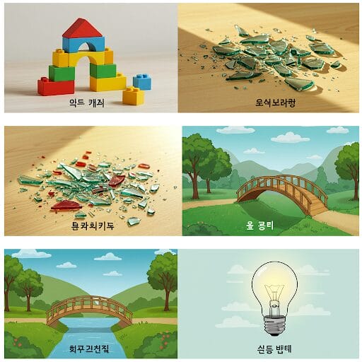 「作られる(만들어지다)」「壊れる(깨지다)」「消える(꺼지다)」などの状況を示すイラスト
