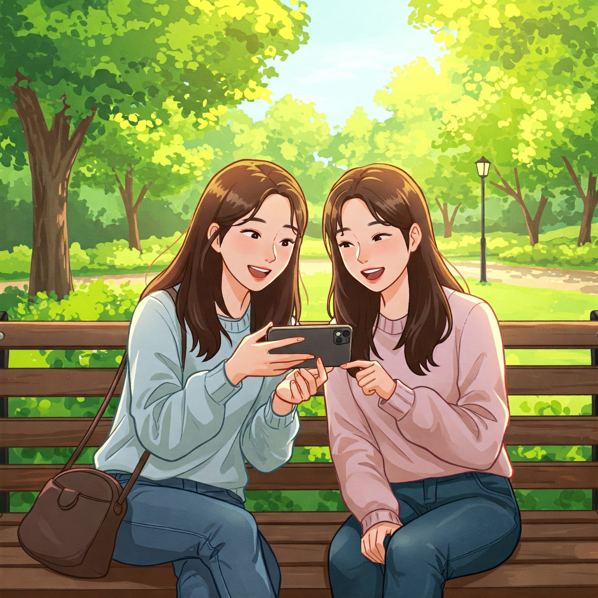 公園のベンチで楽しそうに話す二人の女性