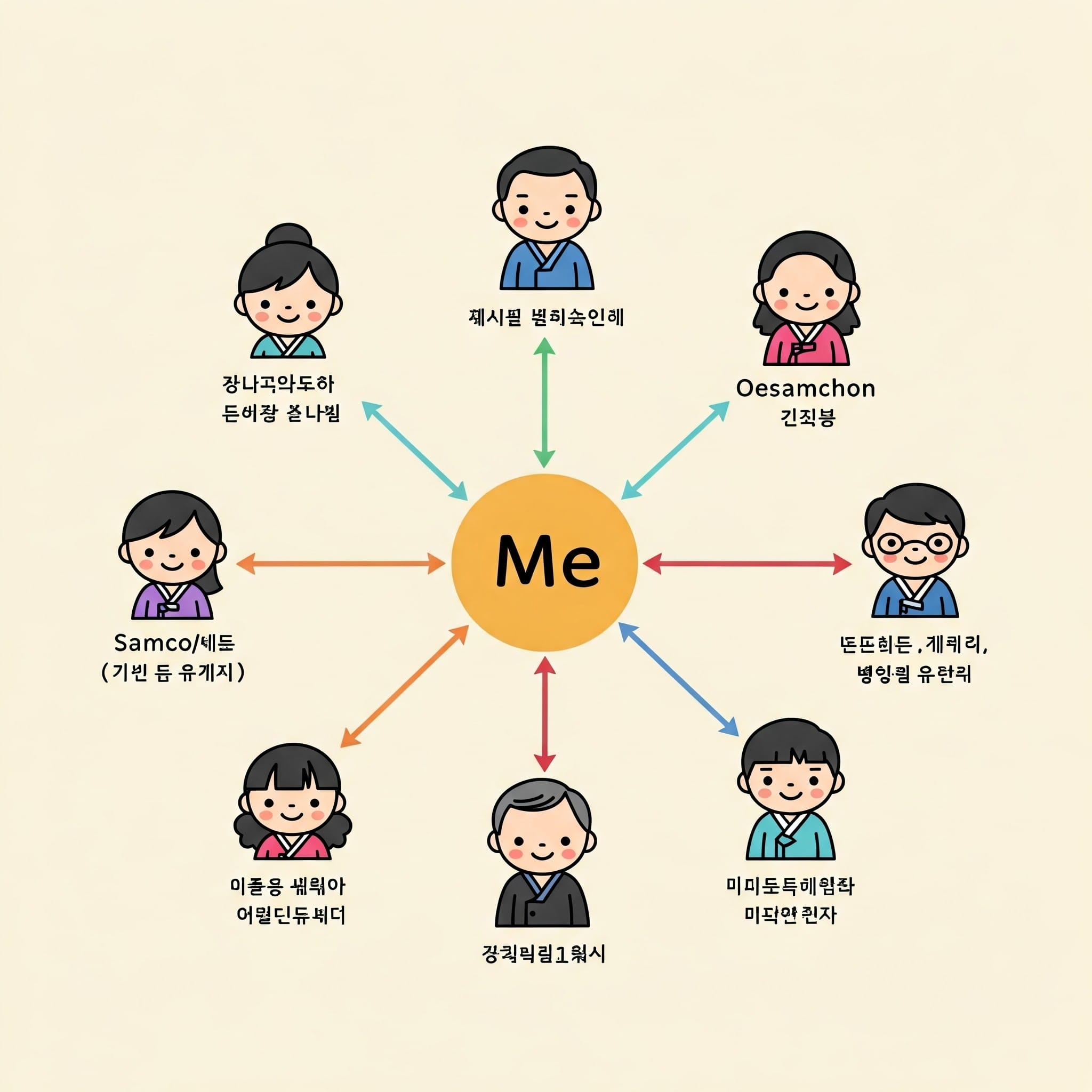 「私」を中央に配置し、矢印で 8 人の漫画の人物と接続した図。それぞれの人物には、異なる関係や役割を表す韓国語のテキストが付けられています。.