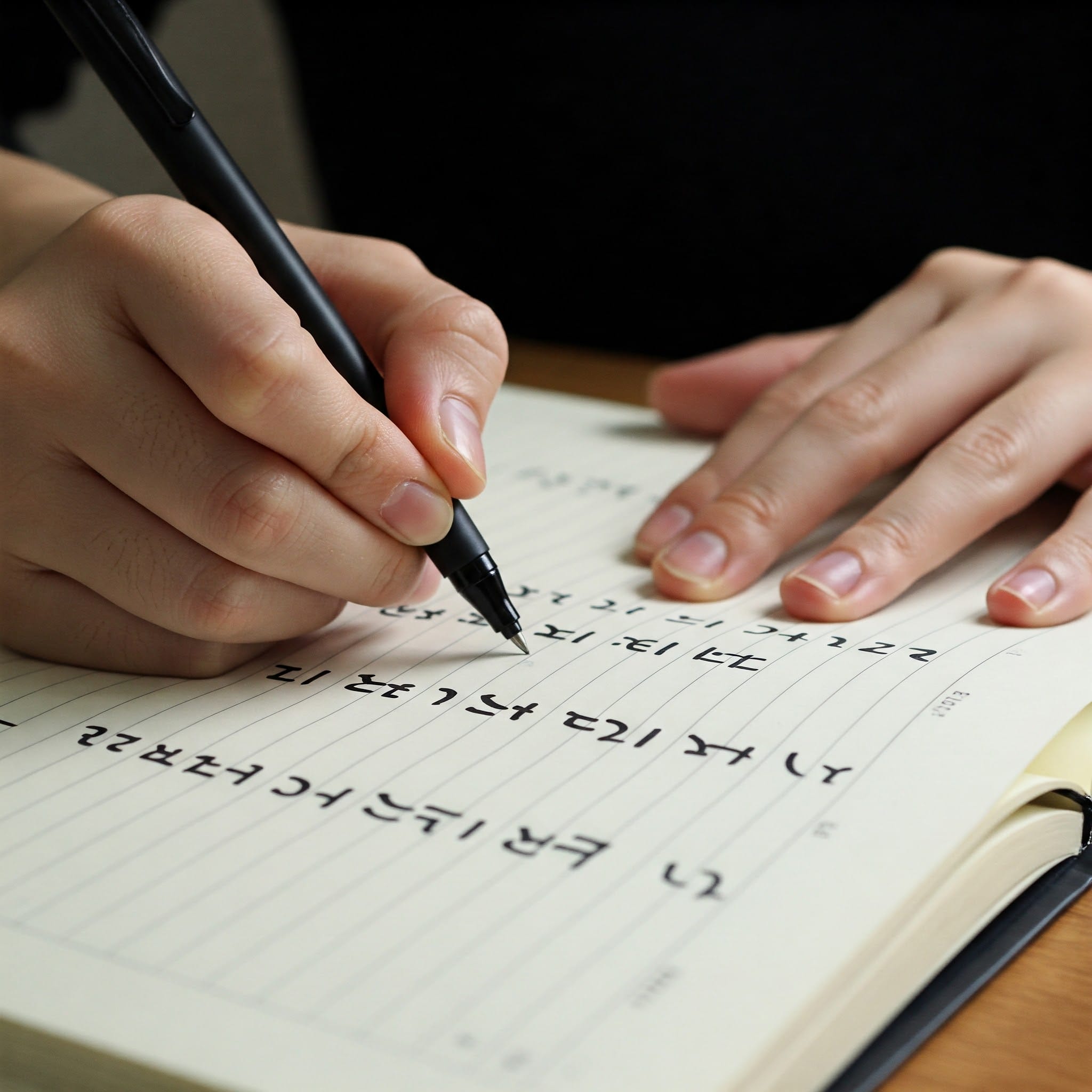 ノートにハングルで名前を書く練習をしている手元